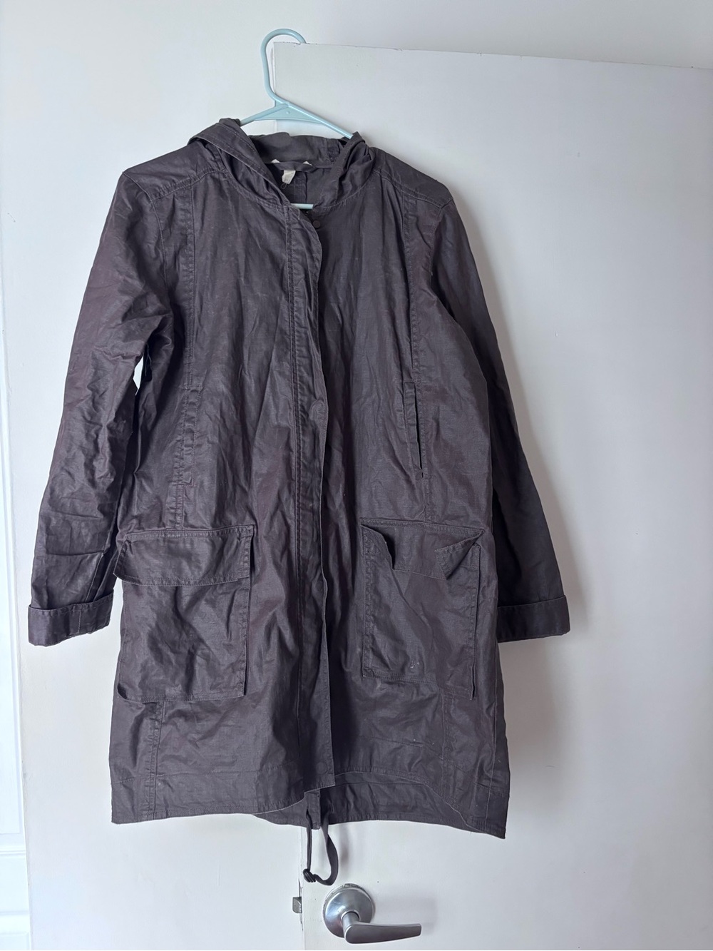 Eileen Fisher Hooded Lightweight Trench Coat - Waxed Feel, Deep Muted Brown S
